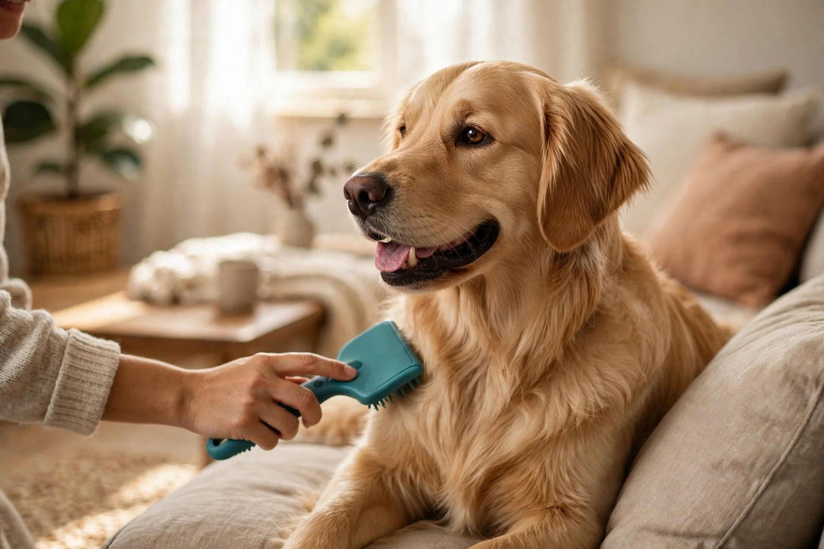 Dog being brushed during at-home grooming