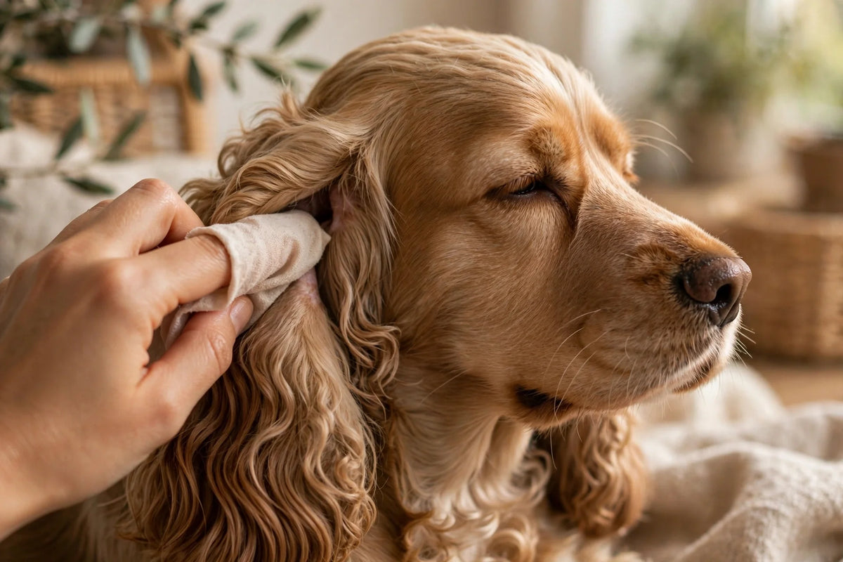 Dog's ears being cleaned with a gentle wipe