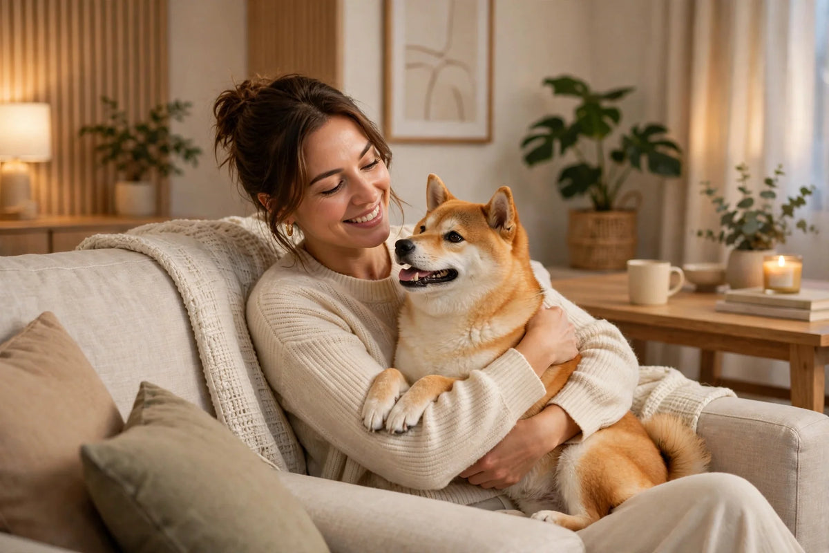 Happy dog cuddling with owner on the couch