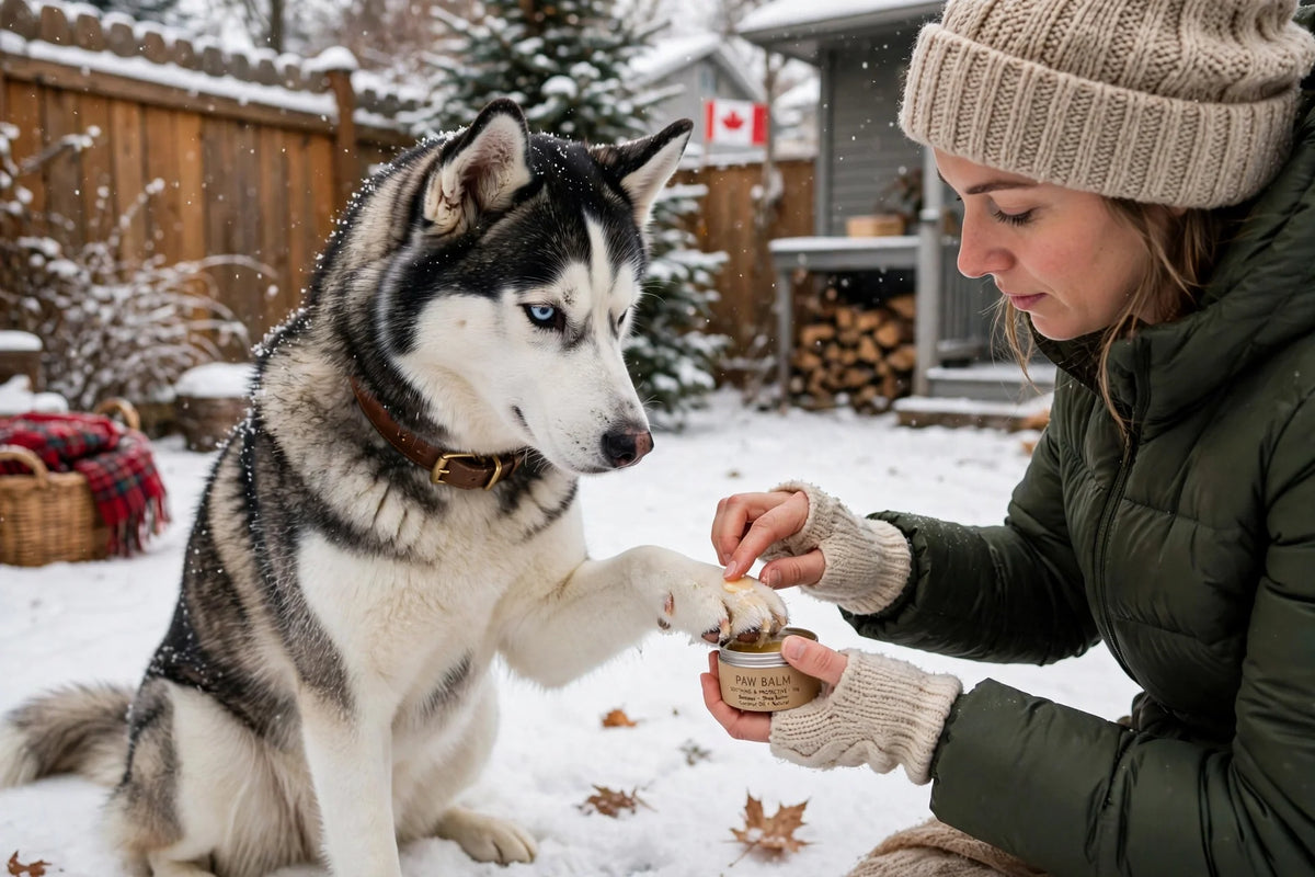 Dog's paws protected in winter snow