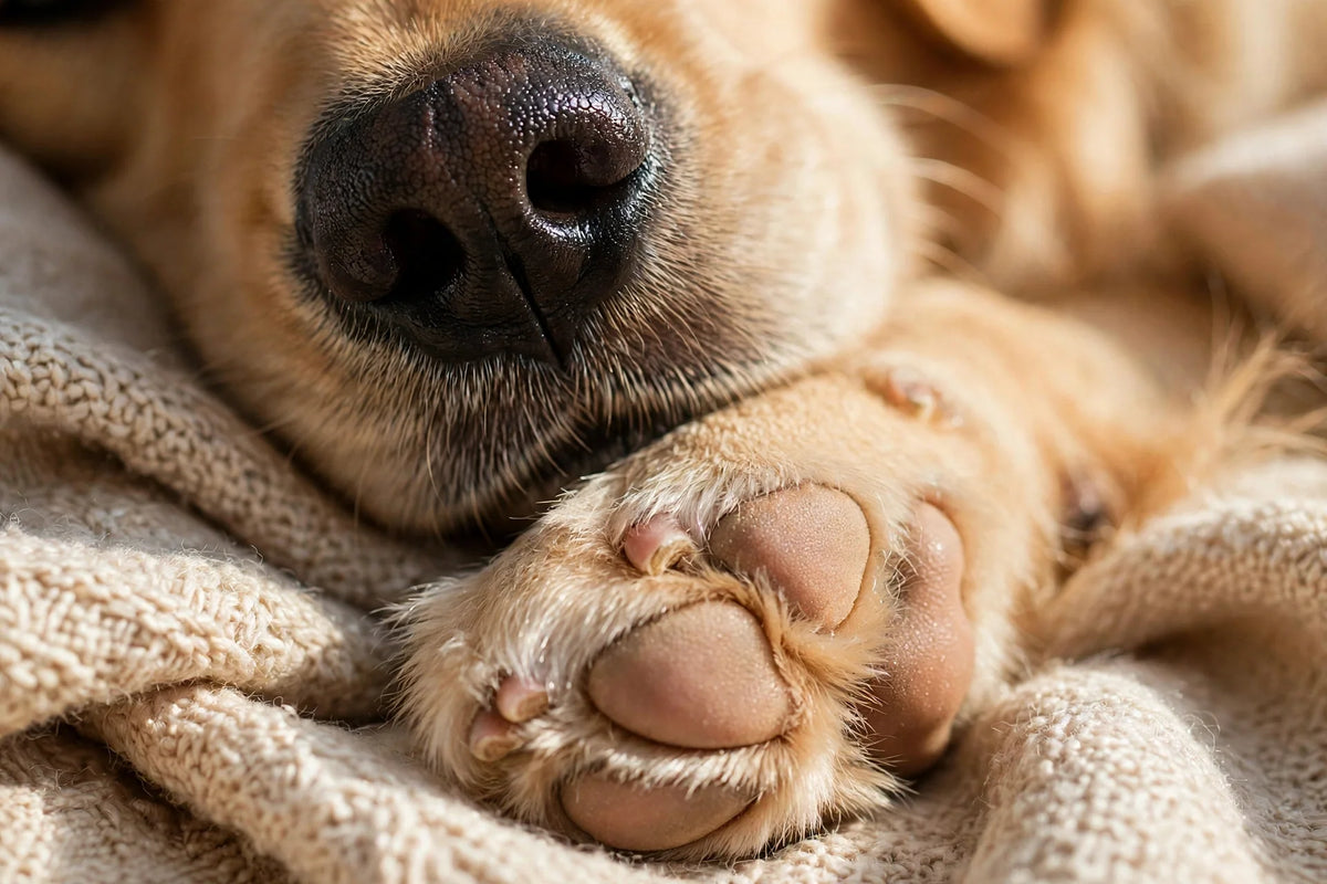 Golden retriever's healthy nose and paw pads resting on a blanket