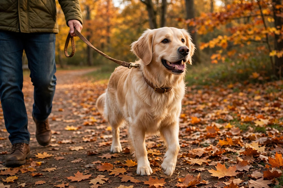 Happy dog walking with its owner through autumn leaves