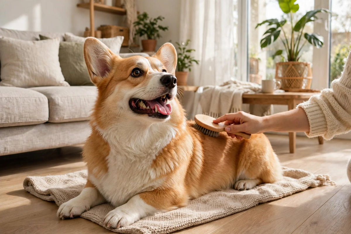 Happy corgi being brushed by its owner in a bright living room