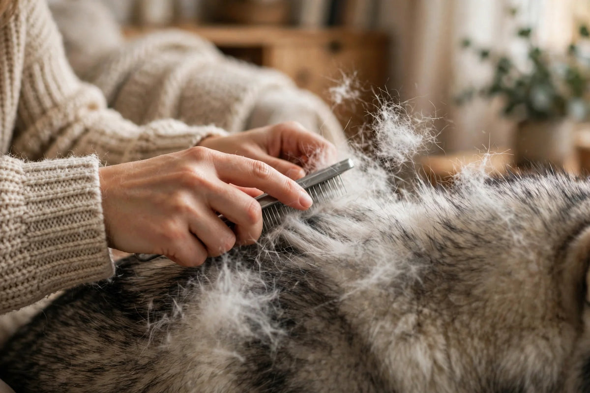 Hands brushing a fluffy husky's coat with loose fur in warm home light