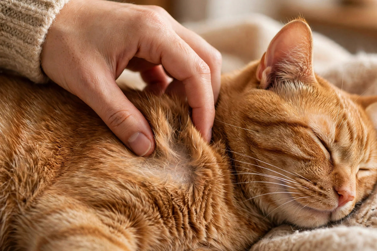 Owner gently checking a cat's fur with fingers parting a shiny, healthy coat