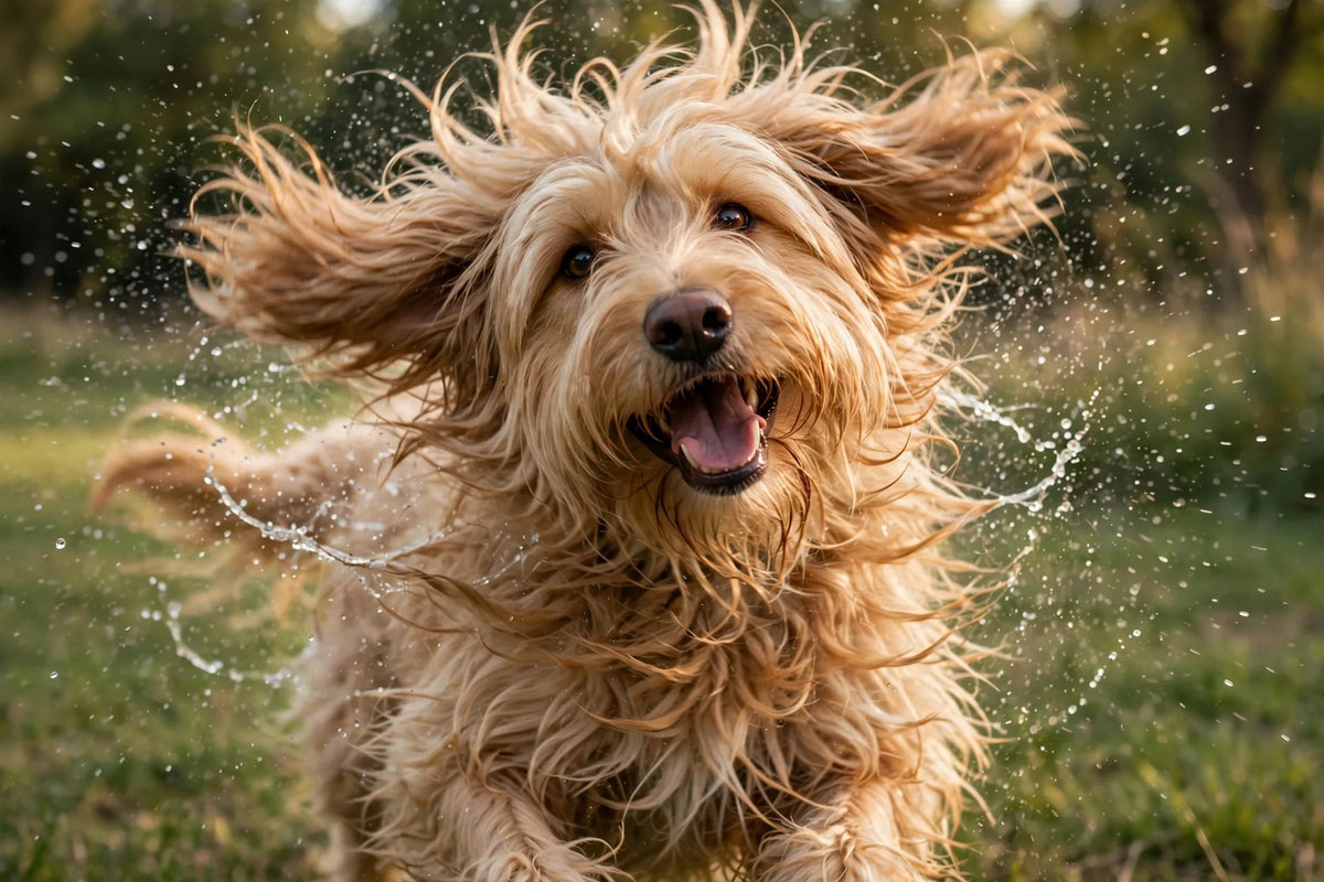 Happy shaggy dog with a freshly groomed, glossy coat shaking outdoors