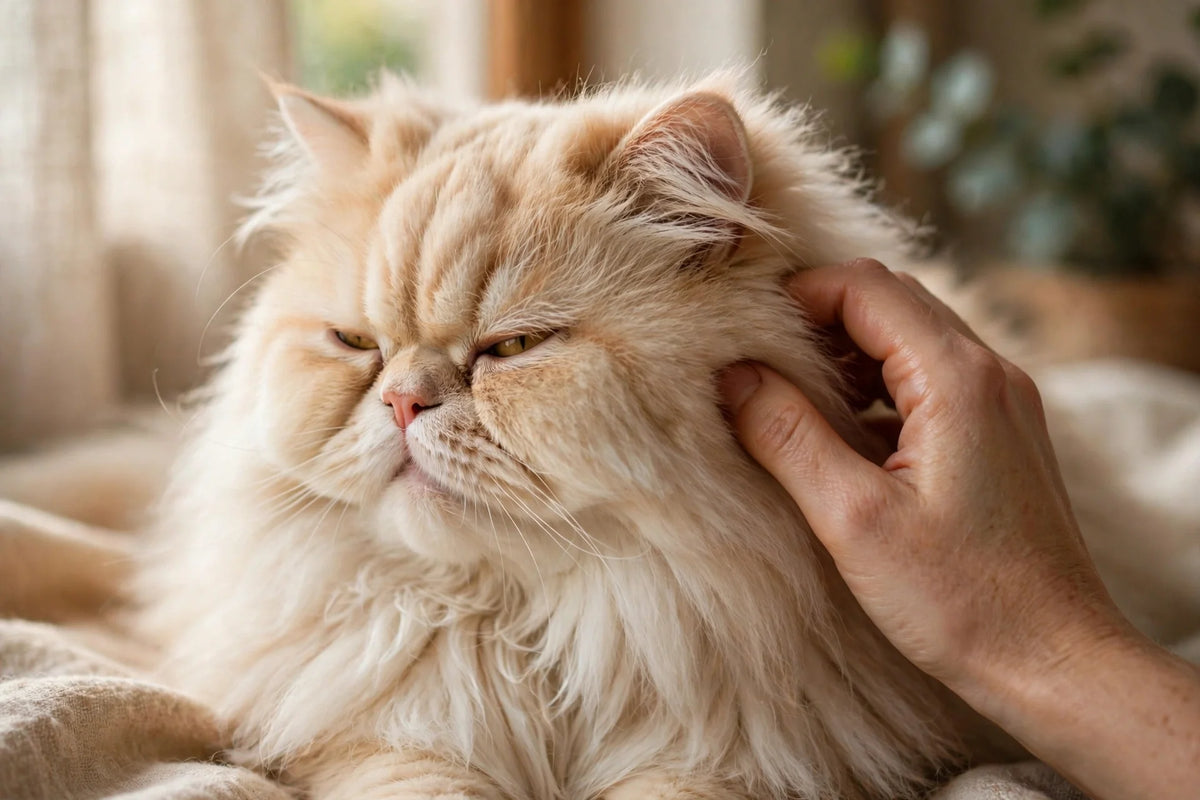 Fluffy Persian cat being petted, showing a luxurious healthy coat
