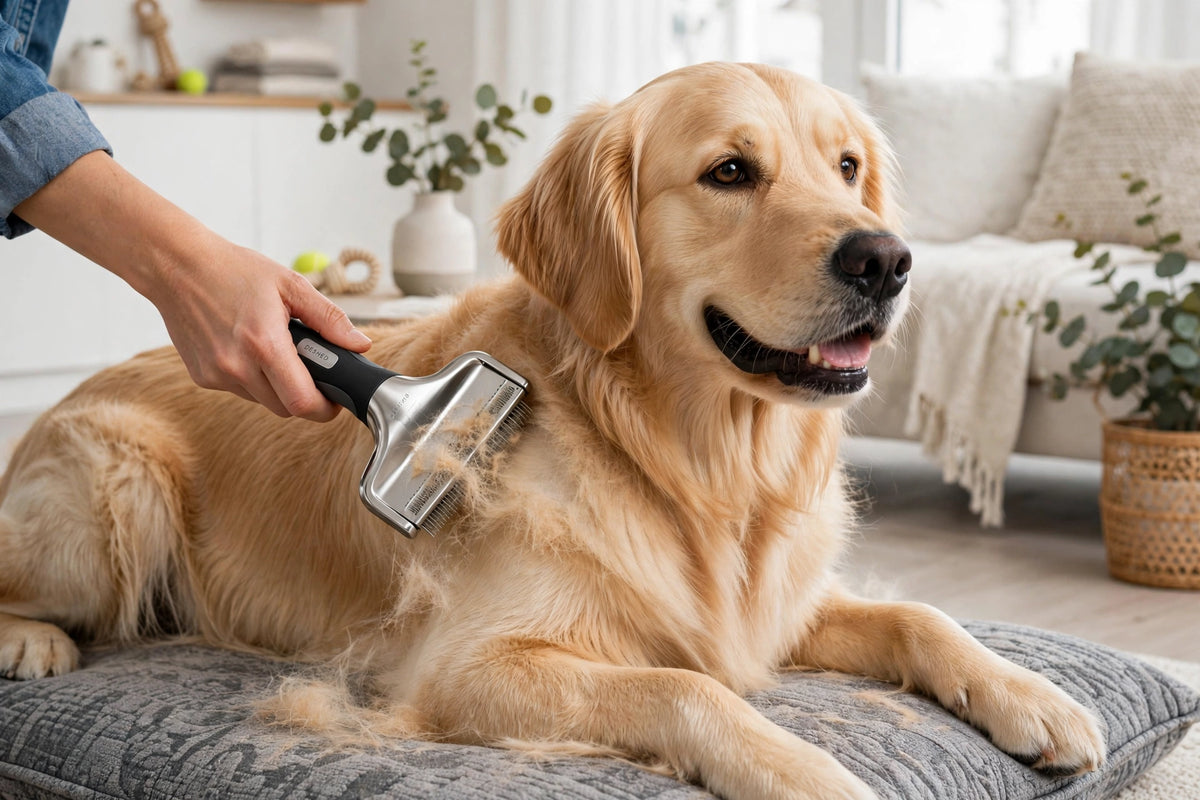 Grooming a golden retriever with the Furbliss Deshedding Brush