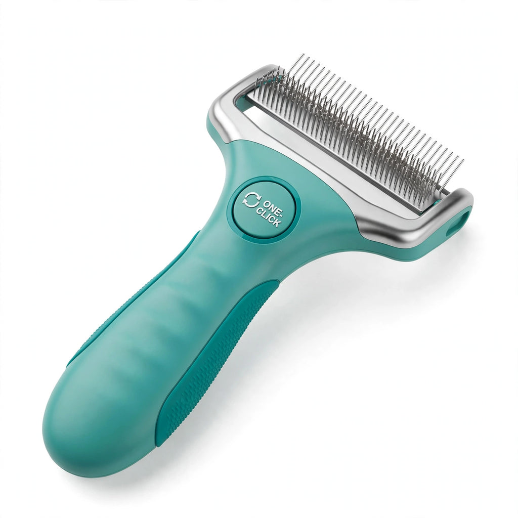 Furbliss One-Click Deshedding Brush - teal with stainless steel bristles