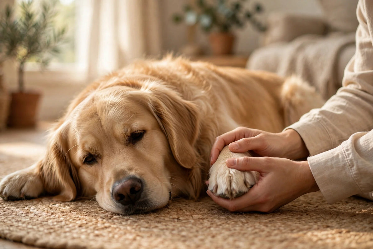 Golden retriever enjoying a calm nail care moment at home