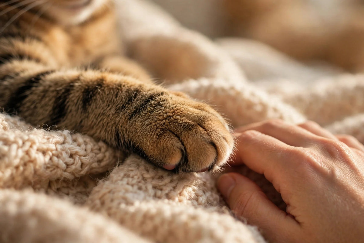 Relaxed tabby cat's paw resting on a soft blanket during a calm grooming moment