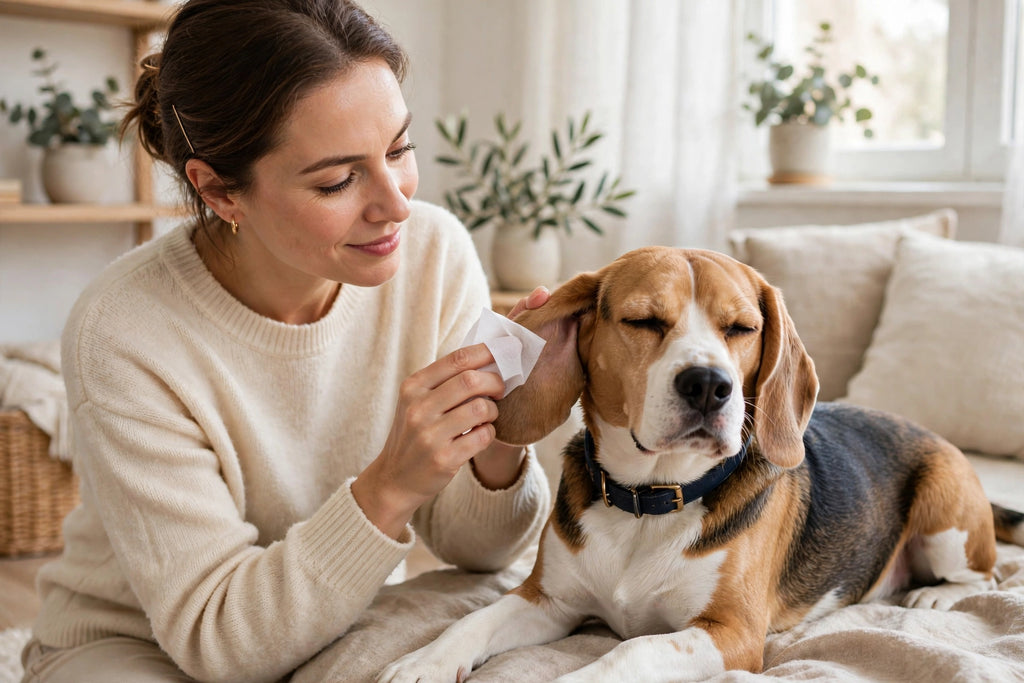 Gently cleaning a dog's ear with Furbliss finger wipe
