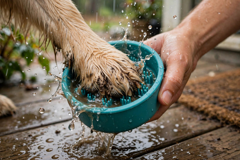 Washing a muddy paw with the Furbliss paw washer