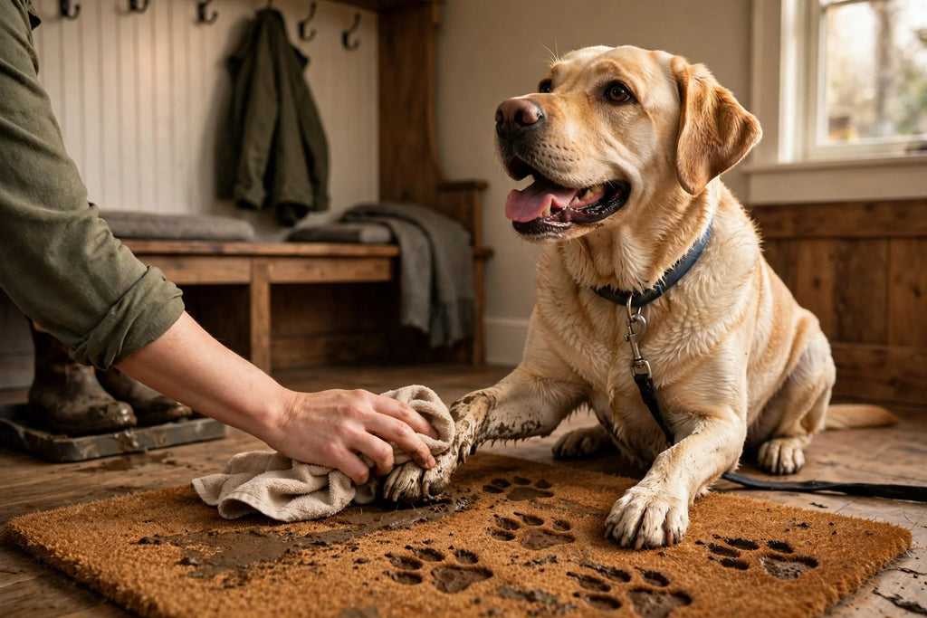 Labrador with muddy paw prints on a doormat after a walk