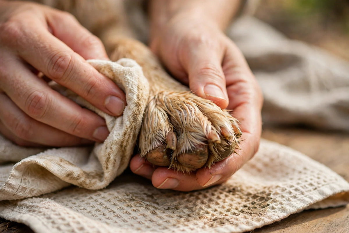 Owner gently cleaning a muddy paw over a towel