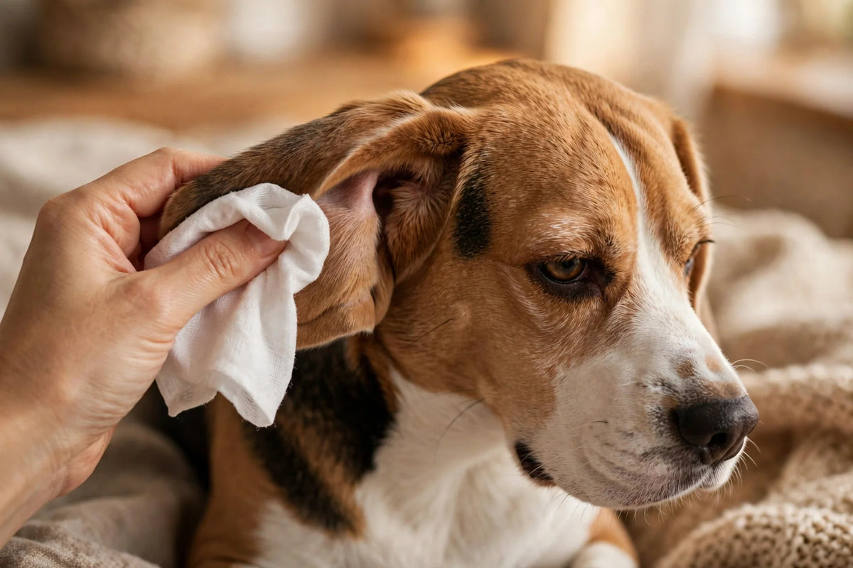 Beagle having its ears gently cleaned at home