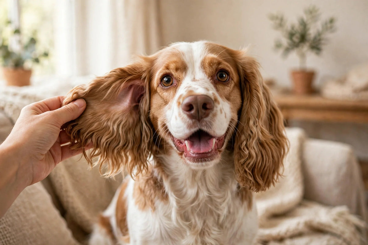 Happy spaniel with clean, healthy ears in a cozy home